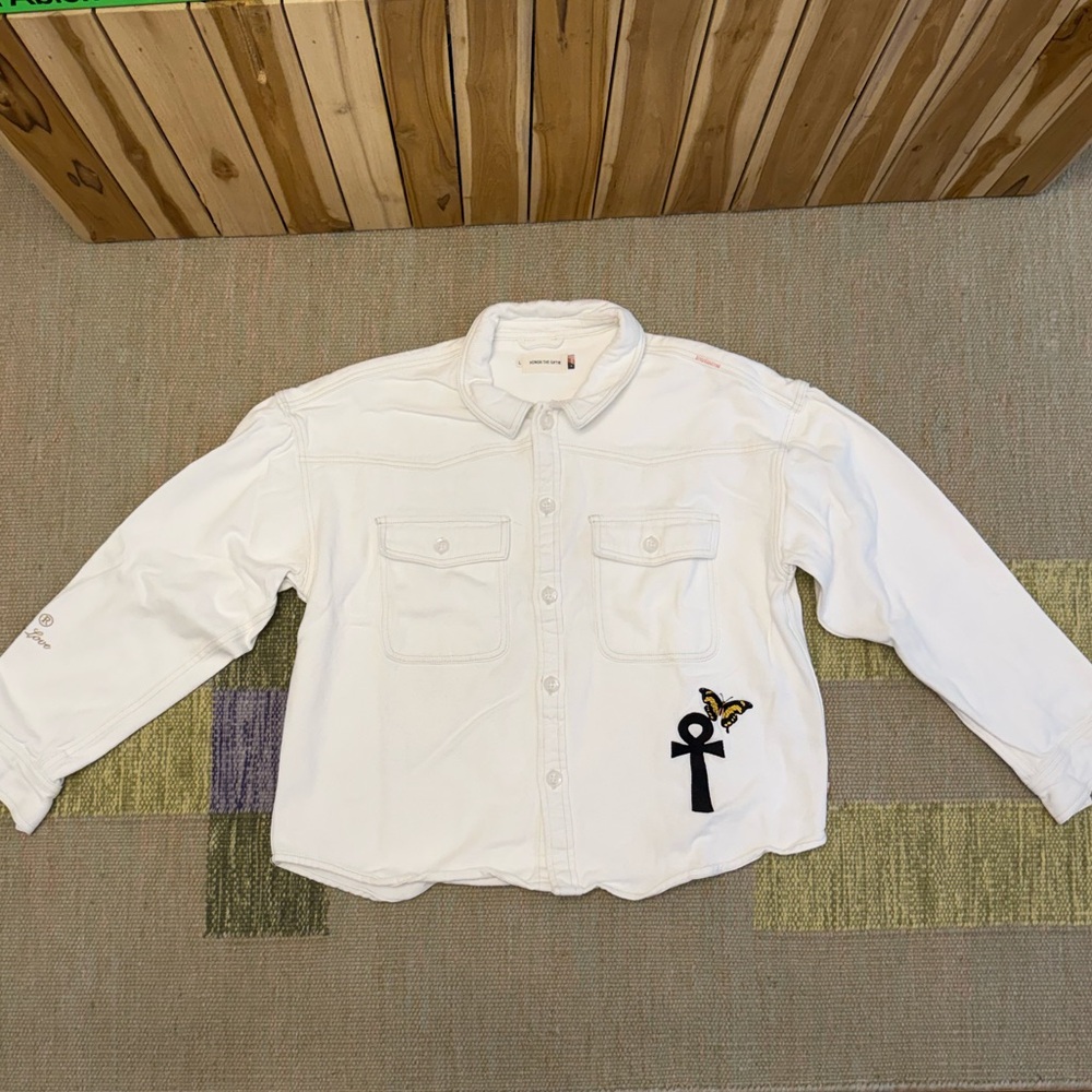 White Lightweight Button-Up Shirt Jacket with Ankh Patch